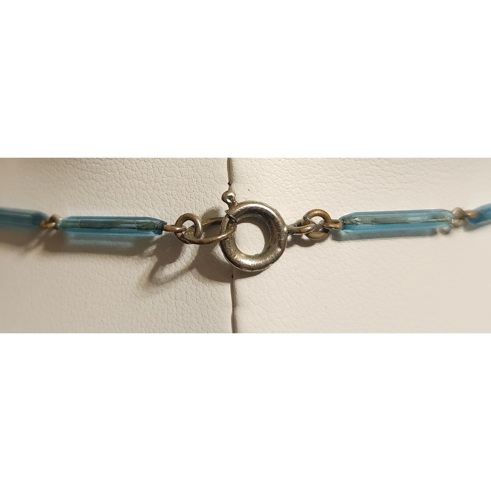 VTG Art Deco Aqua Blue Glass Bead Necklace Large Faceted Pendant 22 In READ - Picture 7 of 10